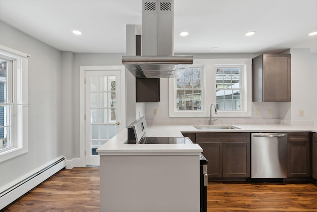 kitchen with sink, a baseboard radiator, stainless steel dishwasher, dark hardwood / wood-style floors, and island exhaust hood