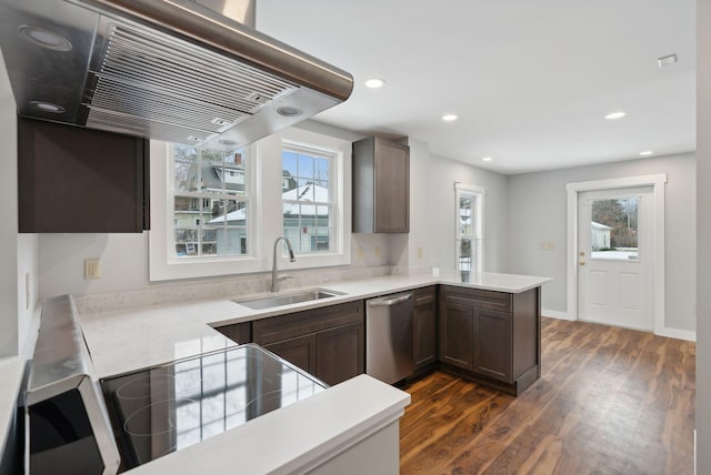 kitchen with kitchen peninsula, stainless steel dishwasher, exhaust hood, sink, and dark hardwood / wood-style floors