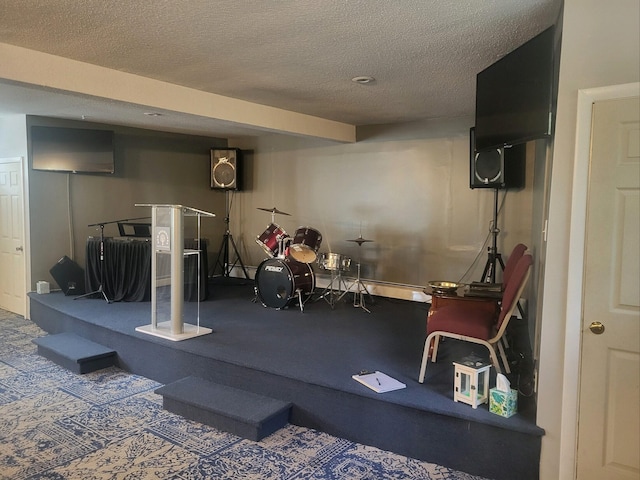 workout room with carpet flooring, a textured ceiling, and a baseboard heating unit