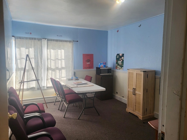 carpeted dining room with a baseboard heating unit and a healthy amount of sunlight