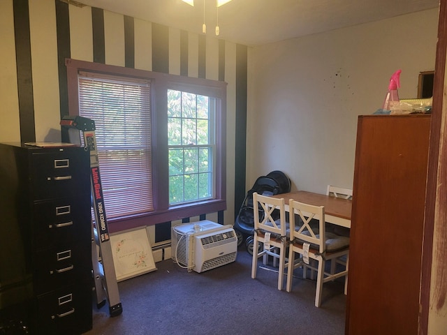 carpeted office with a baseboard radiator and a wall mounted AC