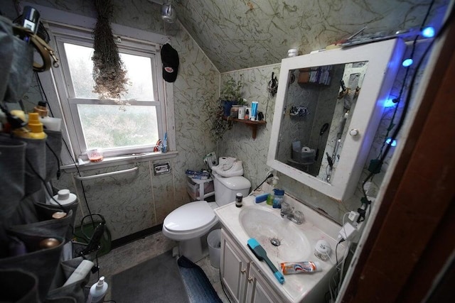 bathroom with vanity, vaulted ceiling, and toilet