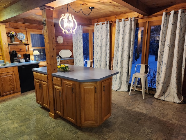 kitchen featuring a center island, an inviting chandelier, black dishwasher, pendant lighting, and wood ceiling