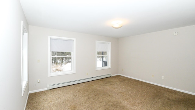 empty room featuring carpet and a baseboard heating unit