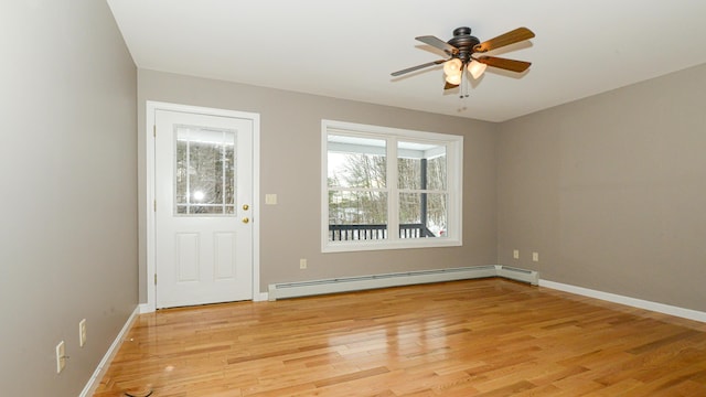 interior space featuring light wood-type flooring, baseboard heating, and ceiling fan