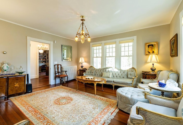 living room featuring a chandelier, radiator heating unit, wood-type flooring, and ornamental molding