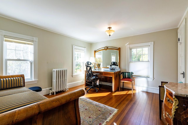 home office with hardwood / wood-style floors, plenty of natural light, and radiator heating unit