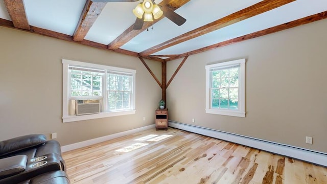 interior space with beam ceiling, a wealth of natural light, light hardwood / wood-style floors, and a baseboard heating unit