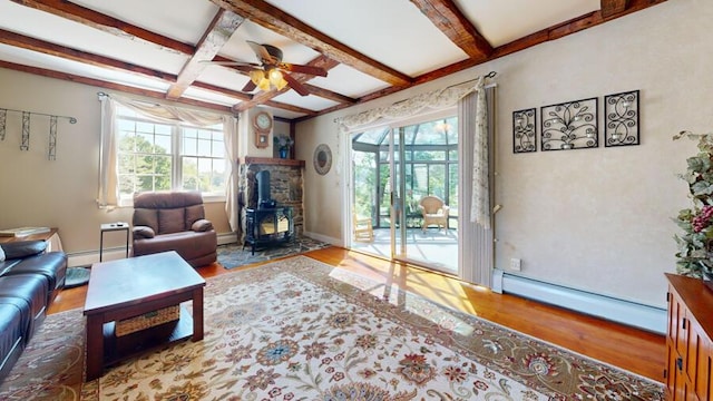 living room featuring a wood stove, ceiling fan, beamed ceiling, a baseboard heating unit, and wood-type flooring