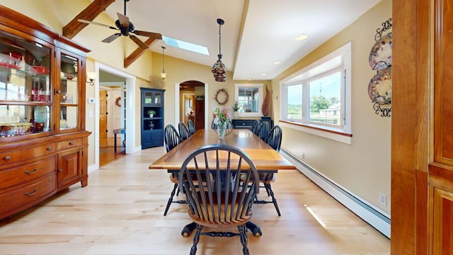 dining room with light wood-type flooring, a baseboard radiator, lofted ceiling with skylight, and ceiling fan