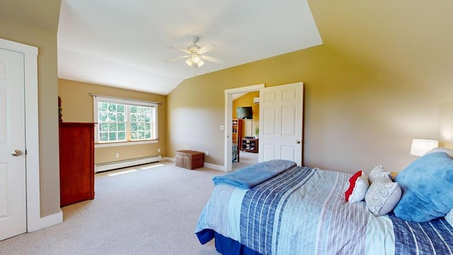 carpeted bedroom featuring vaulted ceiling, baseboard heating, and ceiling fan