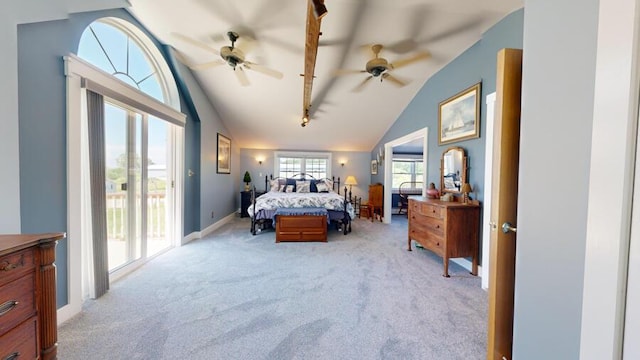 carpeted bedroom with access to exterior, ceiling fan, and vaulted ceiling with beams