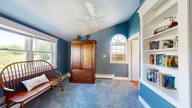 living area featuring carpet, plenty of natural light, lofted ceiling, and baseboard heating