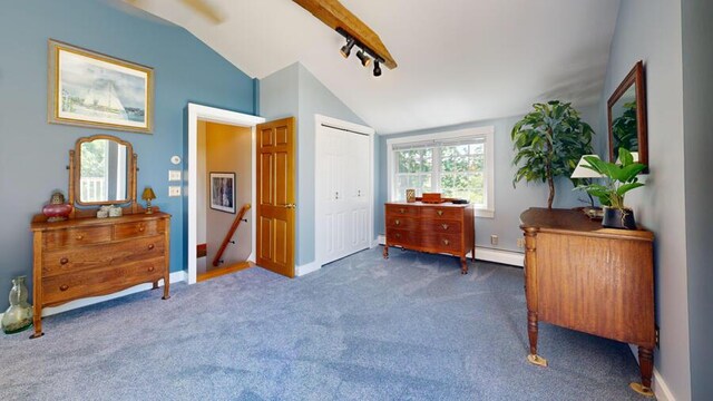 interior space featuring dark colored carpet, lofted ceiling with beams, and a baseboard heating unit