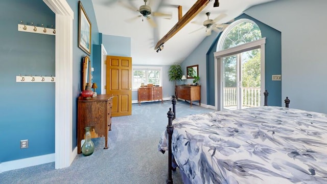 bedroom featuring carpet flooring, access to outside, vaulted ceiling, and ceiling fan