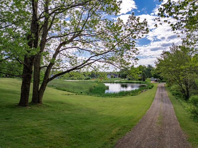 view of home's community featuring a lawn and a water view