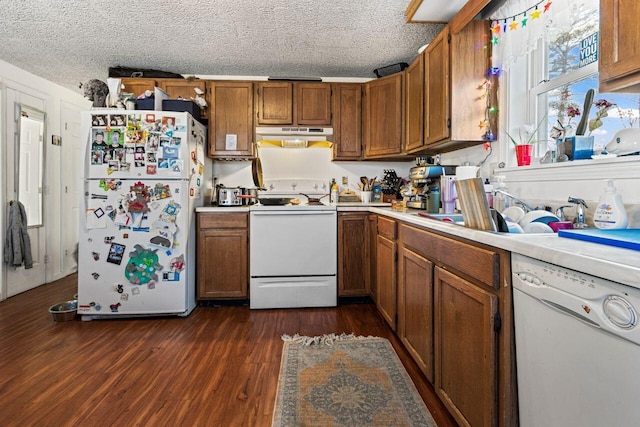 kitchen featuring a textured ceiling, sink, white appliances, and dark wood-type flooring