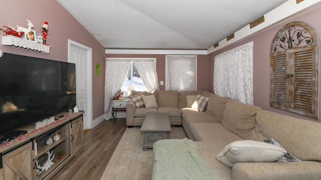 living room with wood-type flooring and vaulted ceiling