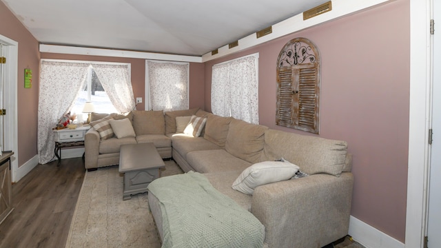 living room featuring wood-type flooring and vaulted ceiling