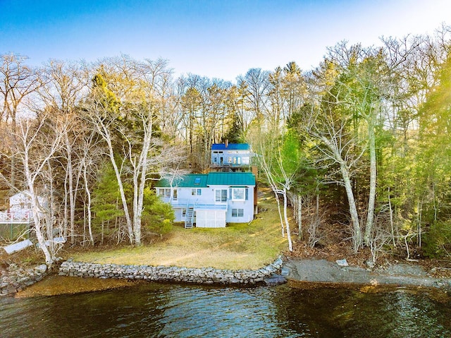 drone / aerial view featuring a water view