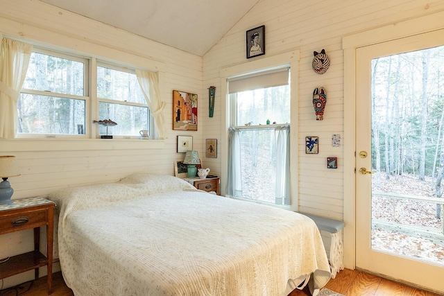 161 Beaucaire Ave, Camden, ME 04843 - bedroom featuring lofted ceiling and wooden walls