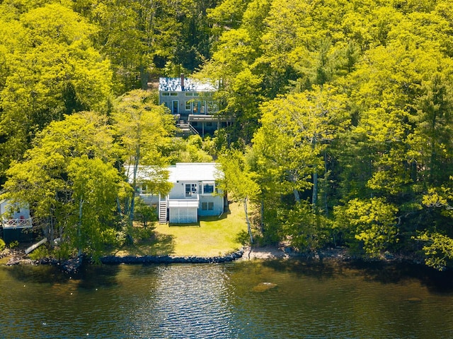 161 Beaucaire Ave, Camden, ME 04843 - view from above of property with a large body of water and a heavily wooded area