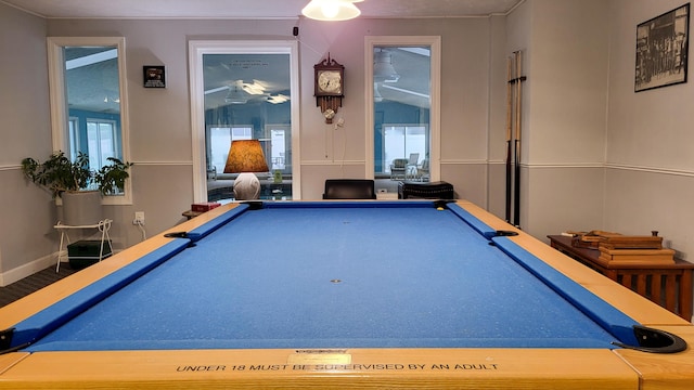 rec room with a wealth of natural light and billiards