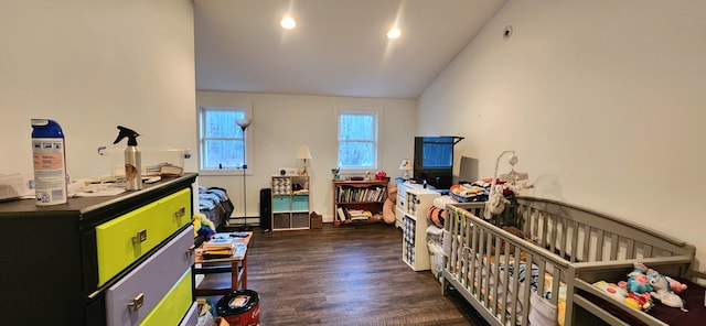 bedroom with lofted ceiling, baseboard heating, and dark wood-type flooring