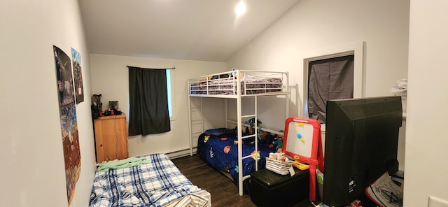 bedroom with dark hardwood / wood-style floors and vaulted ceiling