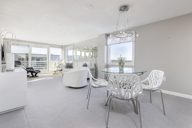 carpeted dining room featuring a healthy amount of sunlight and a textured ceiling