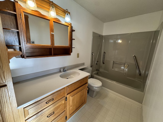 full bathroom with shower / bathing tub combination, vanity, toilet, and a textured ceiling