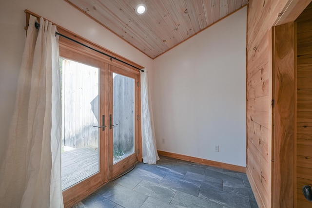 entryway with lofted ceiling, french doors, and wood ceiling