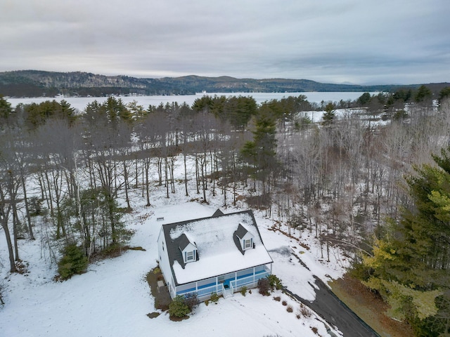 snowy aerial view featuring a mountain view