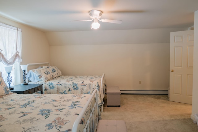 carpeted bedroom featuring ceiling fan, a baseboard radiator, and lofted ceiling