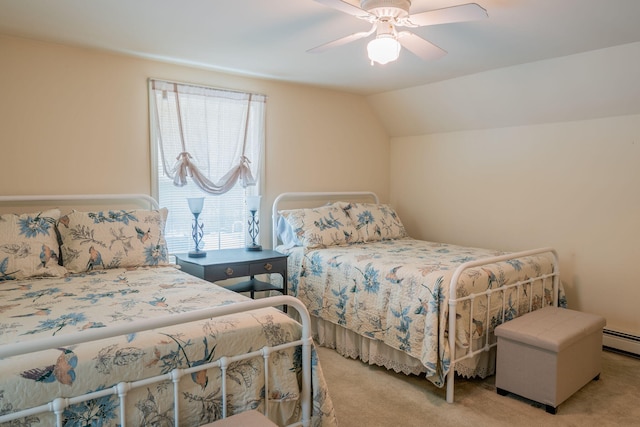 carpeted bedroom with baseboard heating, ceiling fan, and vaulted ceiling