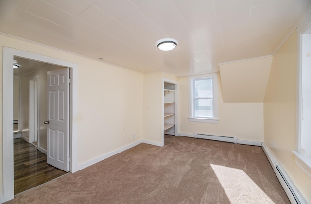 additional living space featuring carpet and a baseboard radiator