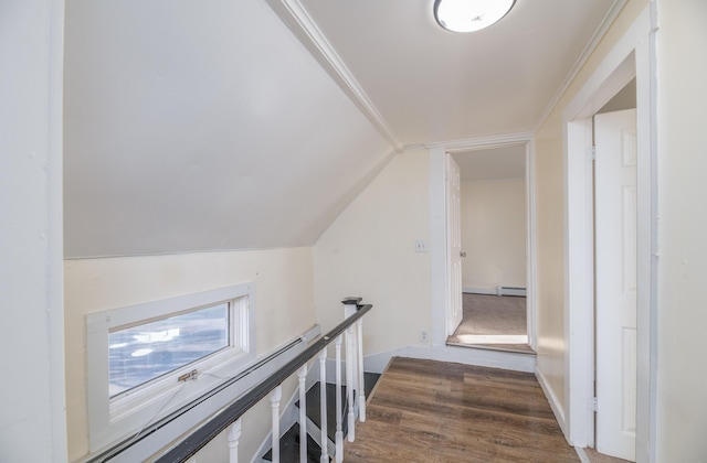 hallway with dark wood-type flooring, vaulted ceiling, and a baseboard heating unit