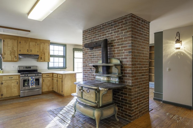 kitchen featuring gas range, a wood stove, and wood-type flooring