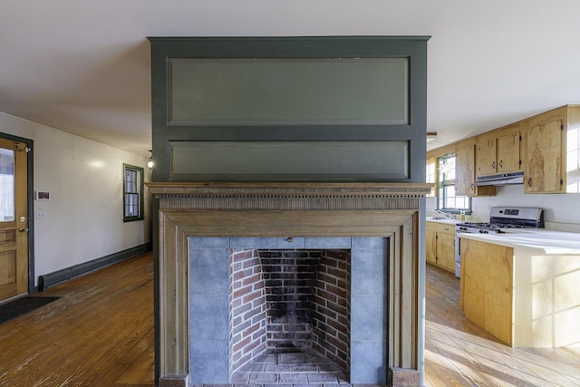 interior details with a tiled fireplace, stainless steel range with gas stovetop, and light hardwood / wood-style floors