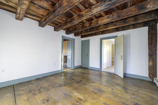 unfurnished room with wooden ceiling, dark hardwood / wood-style flooring, and beam ceiling