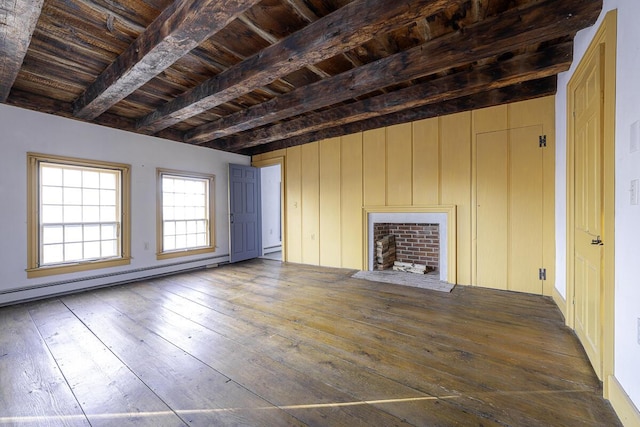 unfurnished living room featuring a baseboard heating unit, wooden ceiling, beam ceiling, and dark wood-type flooring