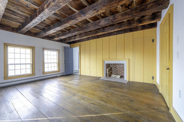 unfurnished living room with wood ceiling, dark hardwood / wood-style floors, beamed ceiling, and a fireplace