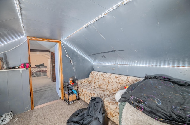 interior space with carpet and vaulted ceiling