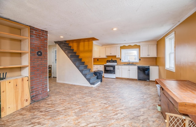 kitchen with white range with electric cooktop, crown molding, sink, black dishwasher, and a textured ceiling