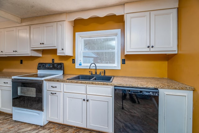 kitchen with dishwasher, sink, white electric range oven, light hardwood / wood-style flooring, and white cabinets