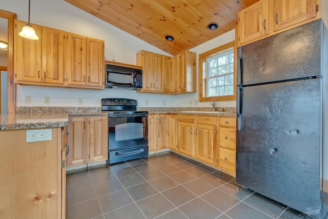 1696 N Rd, Parsonsfield, ME 04047 - kitchen featuring light brown cabinets, wooden ceiling, lofted ceiling, decorative light fixtures, and black appliances