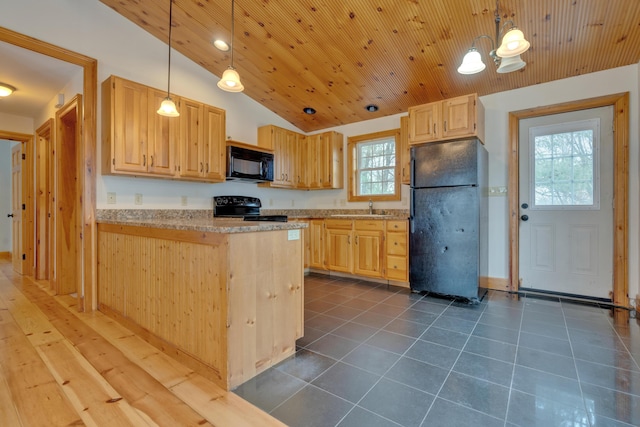 1696 N Rd, Parsonsfield, ME 04047 - kitchen with black appliances, light brown cabinets, lofted ceiling, and wood ceiling