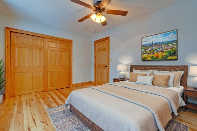 1696 N Rd, Parsonsfield, ME 04047 - bedroom featuring ceiling fan, light hardwood / wood-style floors, and a closet