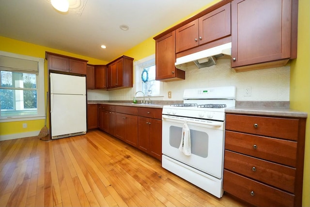 kitchen featuring decorative backsplash, white appliances, sink, and light hardwood / wood-style flooring