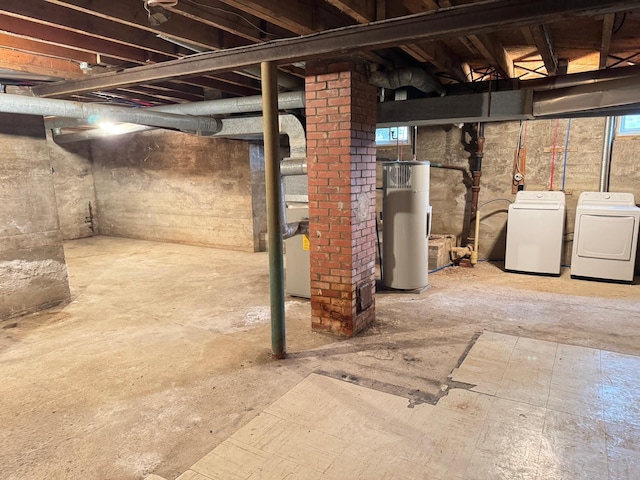 basement with separate washer and dryer and water heater